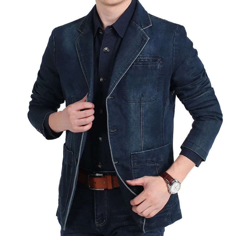 

Blue Denim Men's Blazer Jacket Notched Collar Distressed Jeans Blazers Men Single Breasted Slim Fit Cowboy Blazer Masculino 4XL