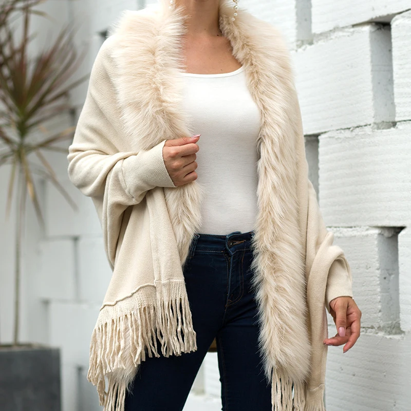 European and American Wind Fall and Winter Shawl Fringed Cape Fur Collar Cloak Solid Color Cardigan Sweater Knit Cardigan
European and American Wind Fall and Winter Shawl Fringed Cape Fur Collar Cloak Solid Color Cardigan Sweater Knit Cardigan