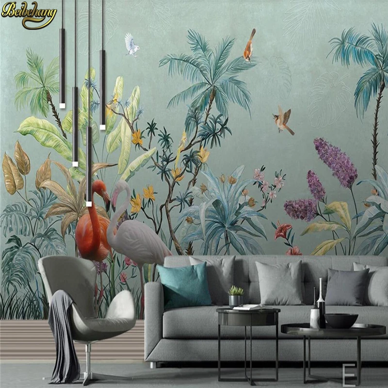 

beibehang Custom 3d wallpaper mural medieval hand painted tropical rain forest flowers and birds background wall painting