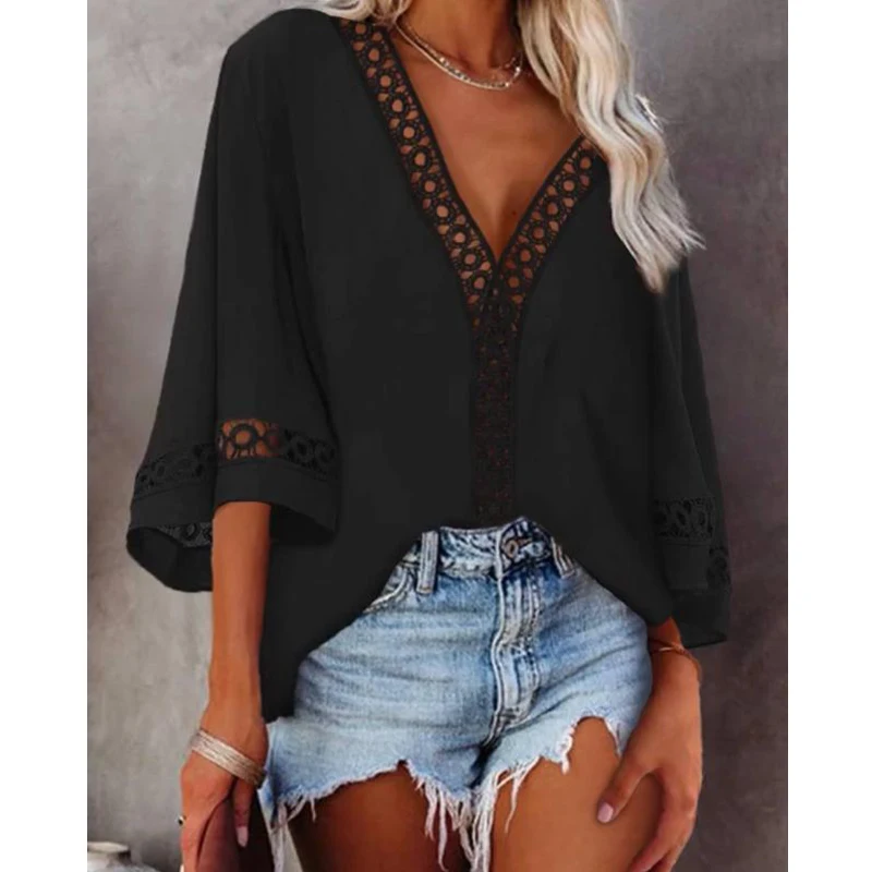 Women Deep V-Neck Three Quarter Sleeve T Shirt Ladies Solid Hollow Out Lace Tops Casual Loose Shirt Summer Clothes For Women
Women Deep V-Neck Three Quarter Sleeve T Shirt Ladies Solid Hollow Out Lace Tops Casual Loose Shirt Summer Clothes For Women