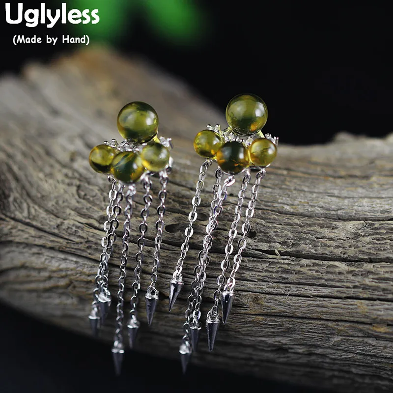

Uglyless Nature Gradient Mexico Amber Earrings for Women Multi Chains Tassel Ethnic Dress Earrings Real 925 Silver Brincos E1731