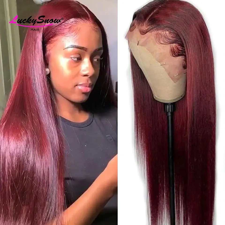 

99J 13x6 Straight Lace Front Frontal Wigs 13x4 Pre Plucked 180 Density Brazilian Remy 13x1 T Part Wig Black Women Burgundy Color