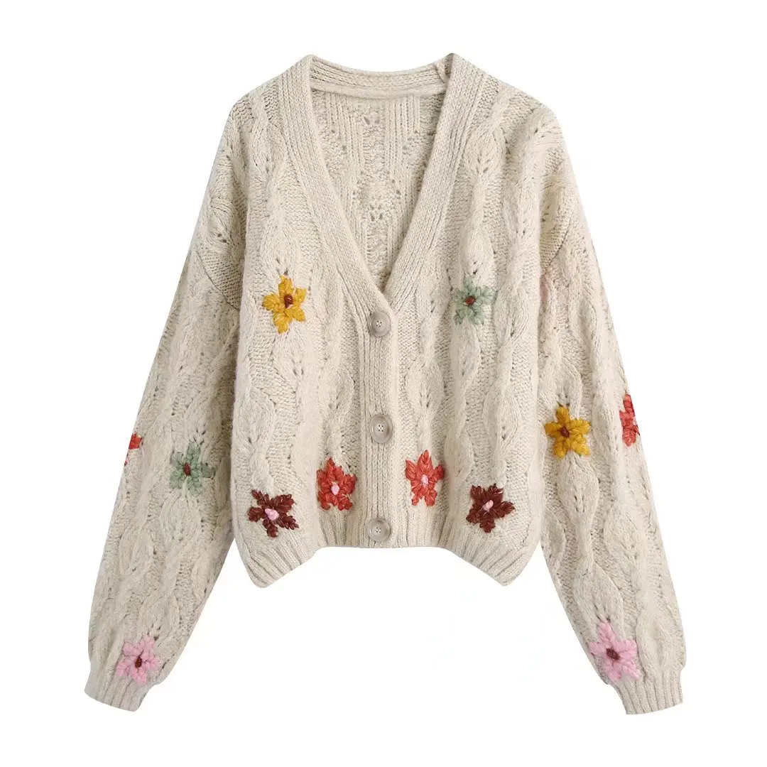 JUNWU Autumn Women Beige V-Neck Single-Breasted Long-Sleeved Flower Embroidery Loose Warm Sweater Cardigan Jacket Girly Style
JUNWU Autumn Women Beige V-Neck Single-Breasted Long-Sleeved Flower Embroidery Loose Warm Sweater Cardigan Jacket Girly Style