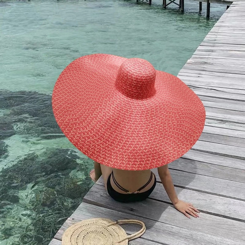 

2022 Summer New 25cm Big Brim Straw Hat For Women 70cm Diameter Oversized Foldable Sun Beach Hats Wholesale