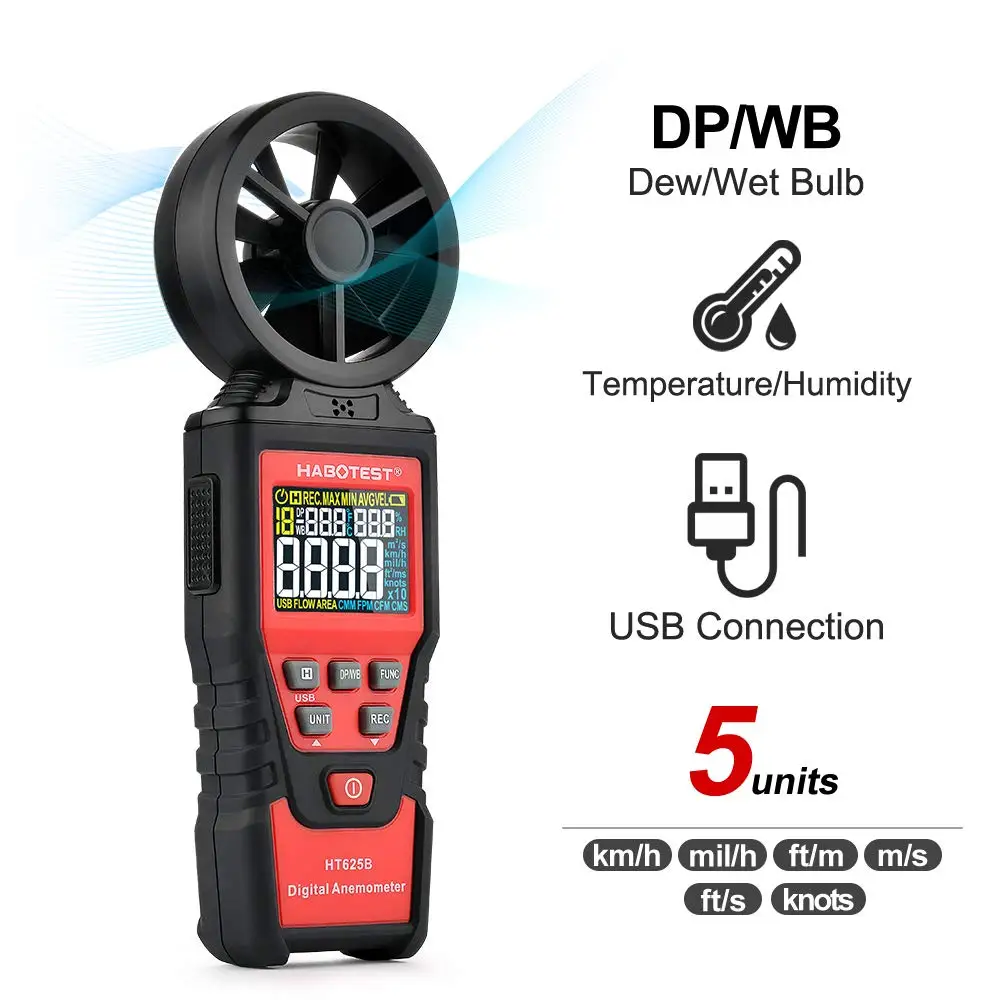 Anemometer Handheld Digital Wind Speed Meter Gauge Measuring Air Volume Air Speed and Dew Point Wet Bulb Temperature Humidity
Anemometer Handheld Digital Wind Speed Meter Gauge Measuring Air Volume Air Speed and Dew Point Wet Bulb Temperature Humidity