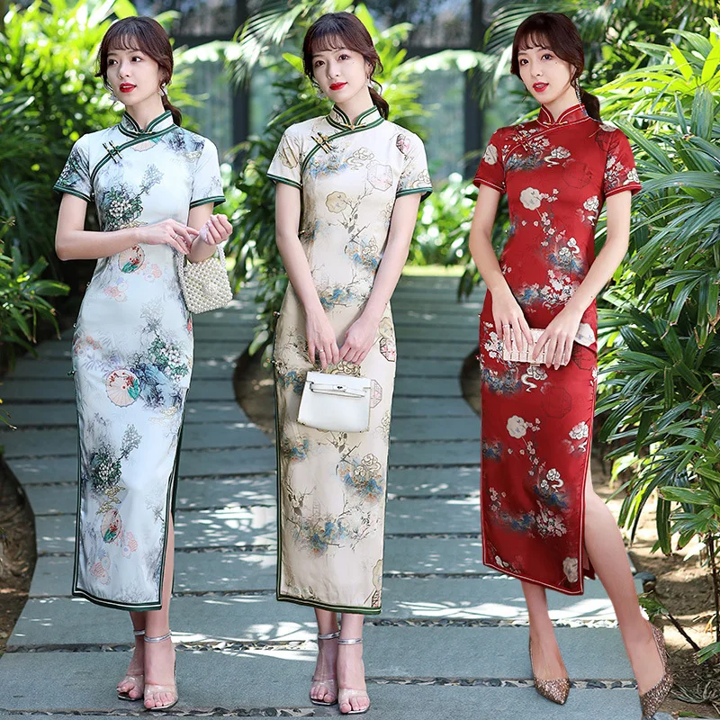 Summer Fan Flower Printe Satin Handmade Button Short Sleeve Qipao Traditional Chinese Women Wedding Dress Daily Long Cheongsam
Summer Fan Flower Printe Satin Handmade Button Short Sleeve Qipao Traditional Chinese Women Wedding Dress Daily Long Cheongsam