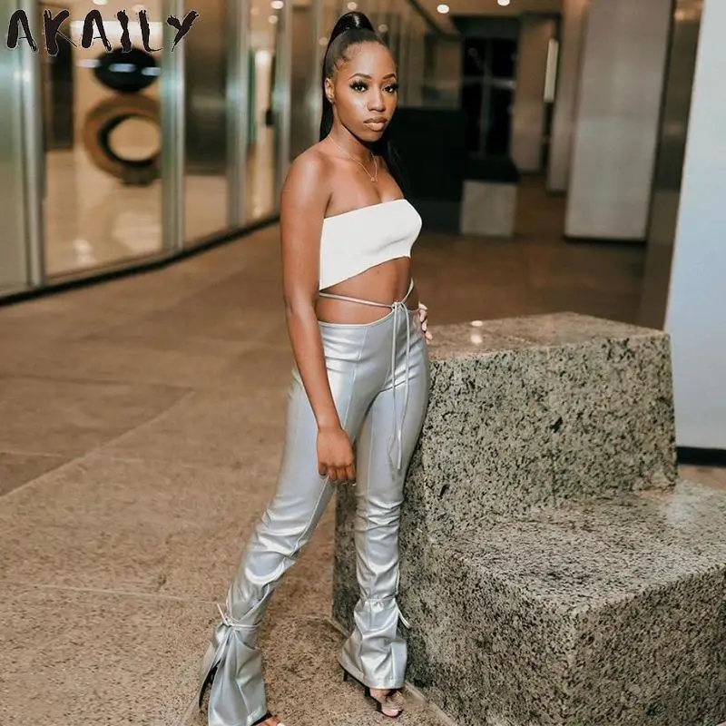 Akaily Autumn Faux Leather Pants Women Black Bandage Pu Wide Leg Pants Low Waist Skinny Leather Trousers Female 2021 Streetwear 
Akaily Autumn Faux Leather Pants Women Black Bandage Pu Wide Leg Pants Low Waist Skinny Leather Trousers Female 2021 Streetwear