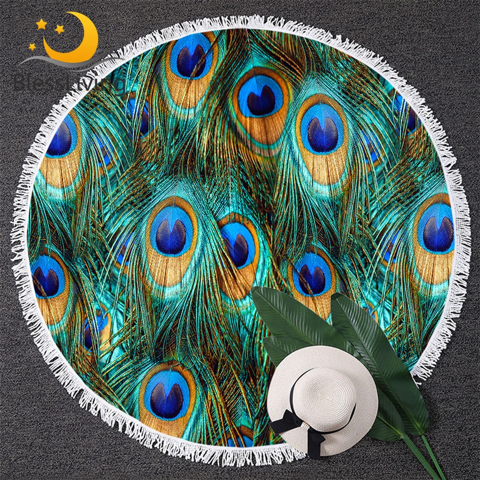 BlessLiving Peacock Feather Round Beach Towel for Adult Fantasy Sparkly Picnic Mat Bird Tapestry With Tassel Turquoise Blanket
BlessLiving Peacock Feather Round Beach Towel for Adult Fantasy Sparkly Picnic Mat Bird Tapestry With Tassel Turquoise Blanket