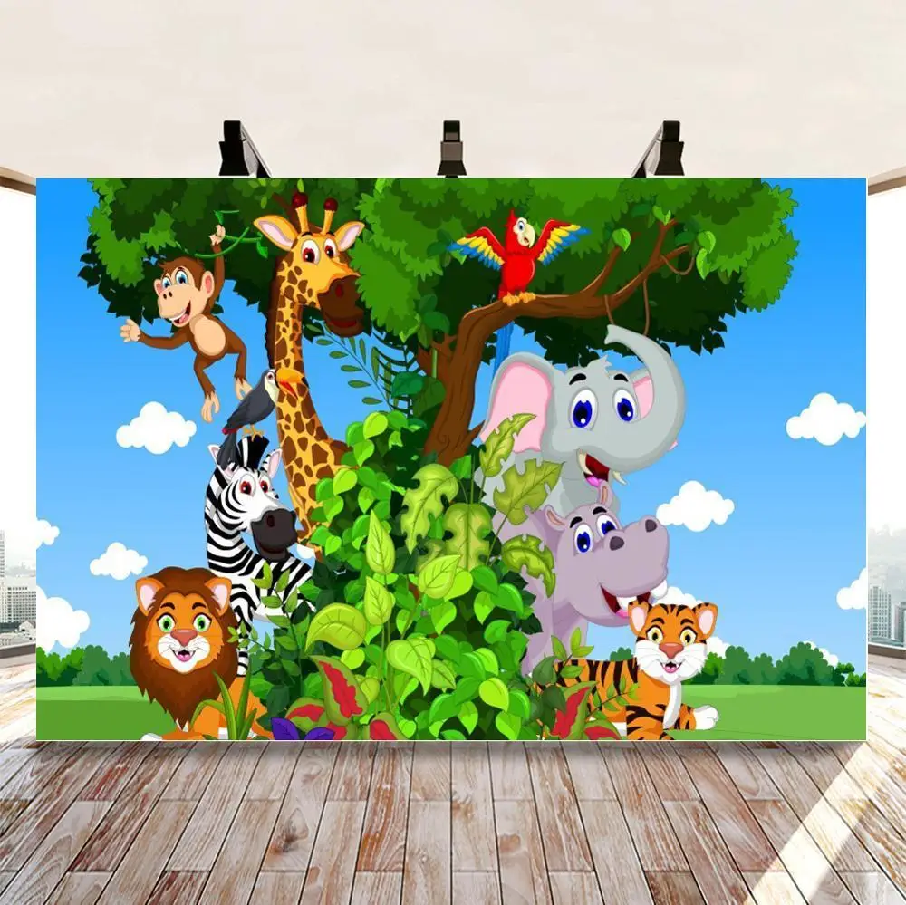 Cartoon Forest Party Backdrops Giraffe Lion Monkey Tiger Around A Tree Blue Sky Backgrounds Photography
Cartoon Forest Party Backdrops Giraffe Lion Monkey Tiger Around A Tree Blue Sky Backgrounds Photography
