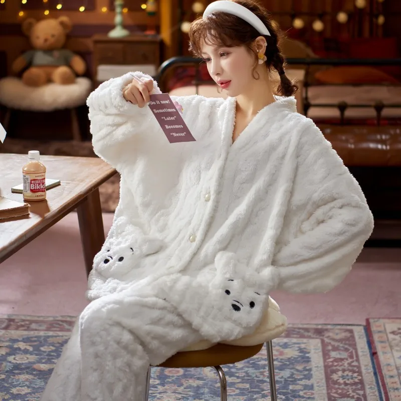 Coral fleece pajamas women winter white thick warm long-sleeved cute sweet fashion flannel home service suit
Coral fleece pajamas women winter white thick warm long-sleeved cute sweet fashion flannel home service suit
