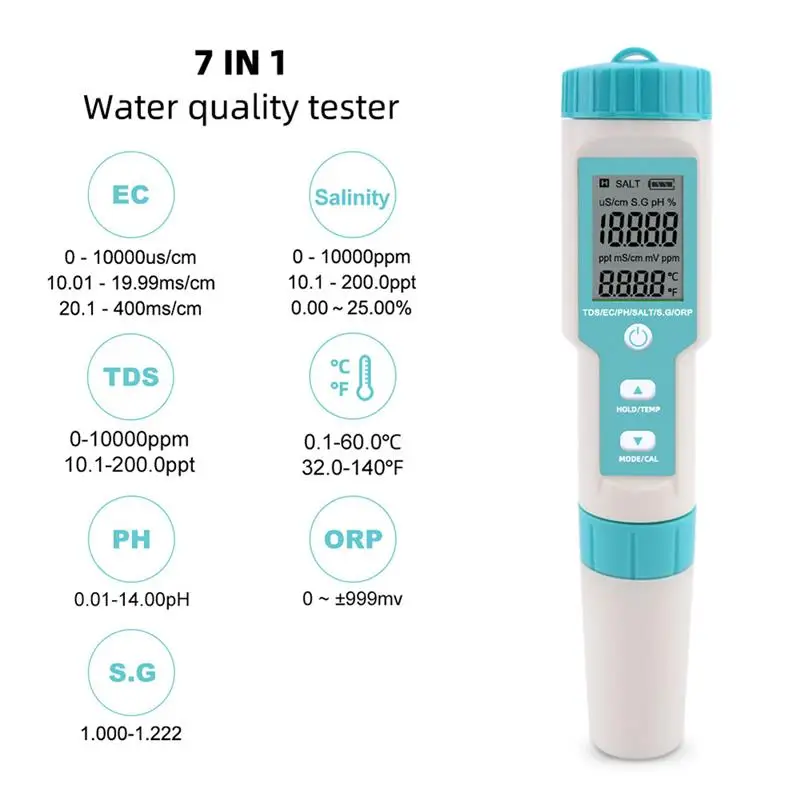 7 in 1 PH/TDS/EC/ORP/Salinity /S.G/Temperature Meter C-600 Water Quality Tester for Drinking Water Aquariums PH Meter Monitor
7 in 1 PH/TDS/EC/ORP/Salinity /S.G/Temperature Meter C-600 Water Quality Tester for Drinking Water Aquariums PH Meter Monitor