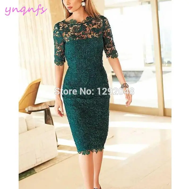 

Knee Length Sheath Lace Dress for Wedding Party Guest Wear Emerald Green Mother of the Bride Dresses Short bride Mother dress