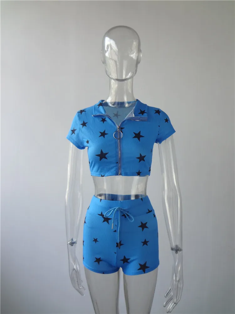 2020 Sexy 2 Pieces Set Homewear Women V-neck Short Sleeve Zipper Star Print Crop Tops High Waist Shorts Summer Women's Sets 
2020 Sexy 2 Pieces Set Homewear Women V-neck Short Sleeve Zipper Star Print Crop Tops High Waist Shorts Summer Women's Sets