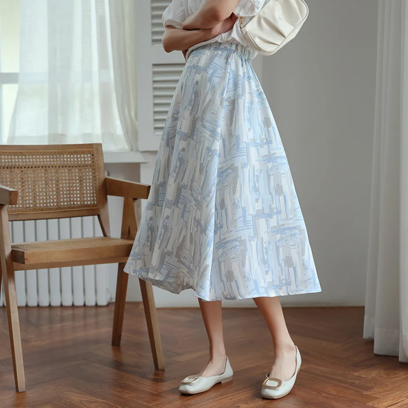 FTLZZ Summer New Style Gentle Sweet Blue Printed Textured Female Skirt Women Elastic Waist A-line Mid-length Long Skirt
FTLZZ Summer New Style Gentle Sweet Blue Printed Textured Female Skirt Women Elastic Waist A-line Mid-length Long Skirt