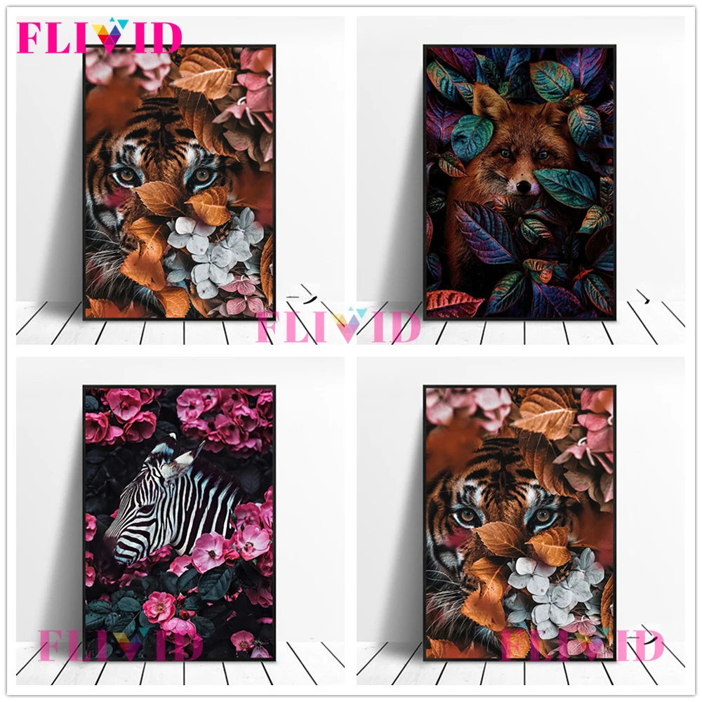 

Modern Flower Leaf Animals Zebra Tiger Wall Art Canvas Painting Nordic Poster Wall Pictures For Living Room Home Decor Unframed
