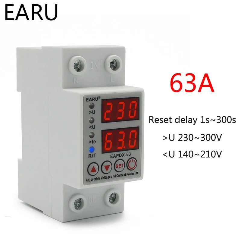 63A 230V Din Rail Adjustable Over Voltage And Under Voltage Protective Device Protector Relay With Over Current Protection Limit 
63A 230V Din Rail Adjustable Over Voltage And Under Voltage Protective Device Protector Relay With Over Current Protection Limit