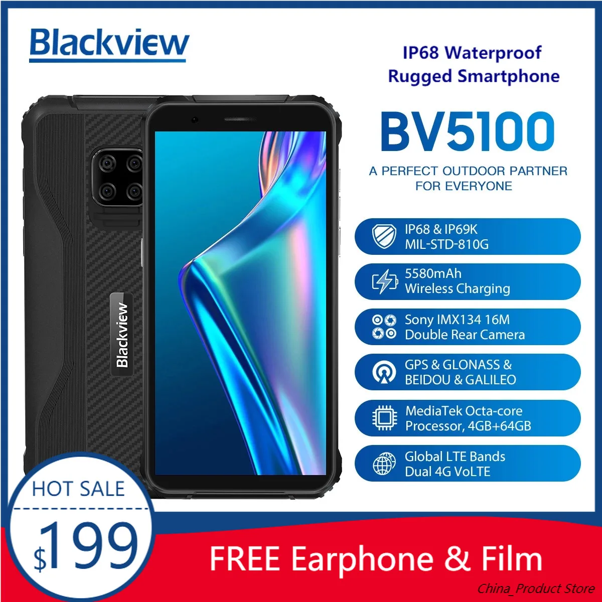 

Blackview BV5100 IP68 Waterproof Rugged Smartphone 5.7'' Android 10 Helio P22 Octa Core 4GB 64GB Mobile NFC 5580mAh Big Battery