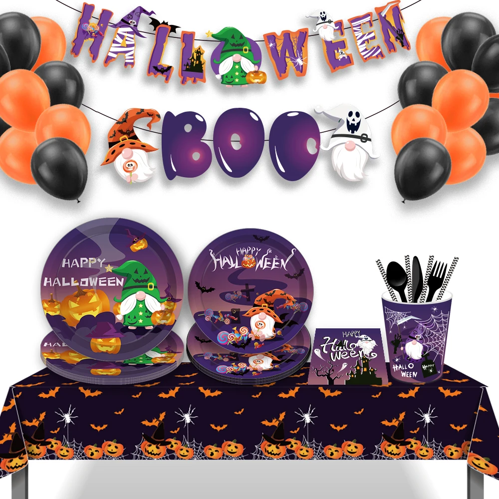 

Halloween BOO Party Ghost Witch Disposable Tableware Sets Plates Cups Bat Tablecovers Dinner DIY Party Decorating Supplies Set