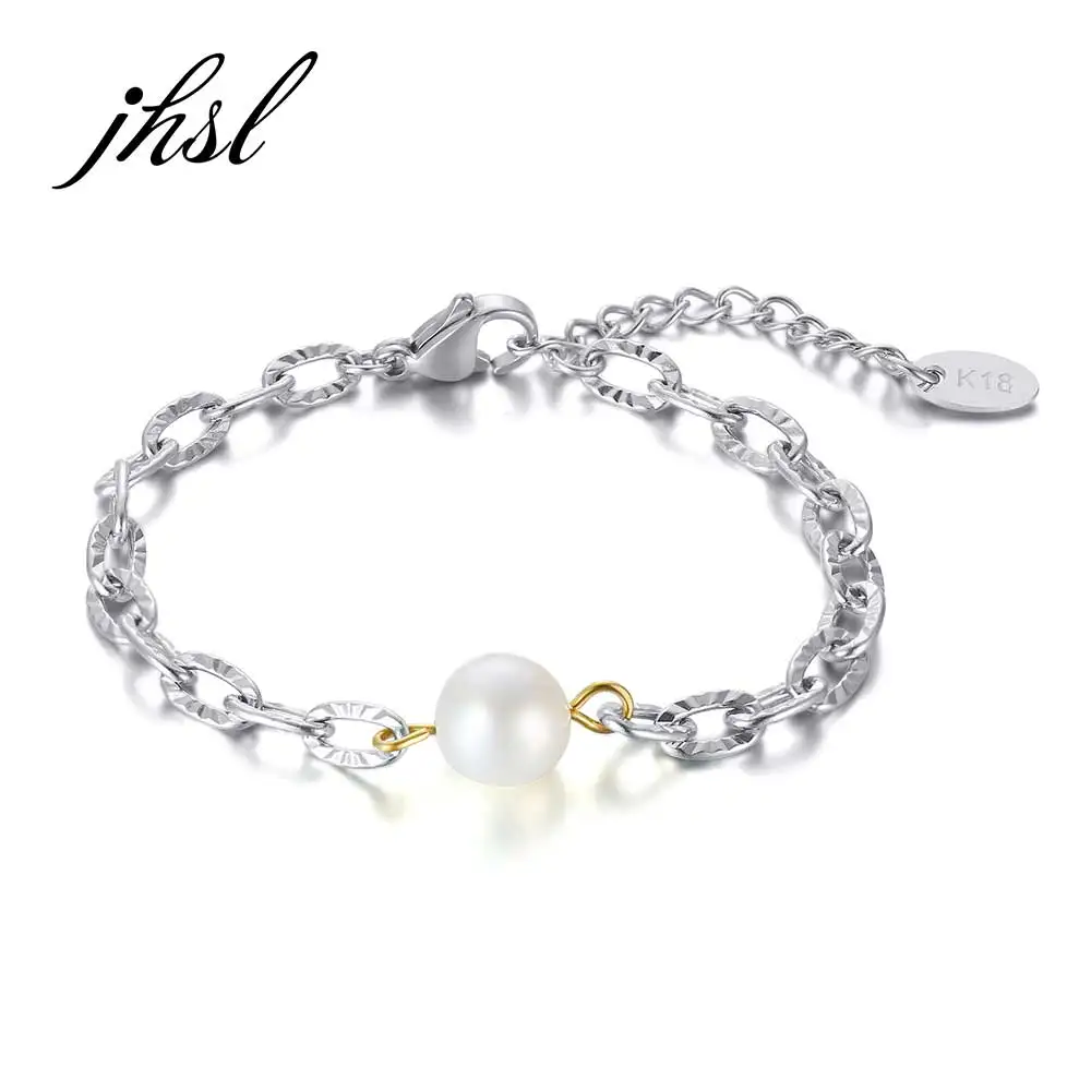 

JHSL Women Bracelets Freshwater Pearl Charm Silver Rose Gold Color Stainless Steel Female Bangles Fashion Jewelry