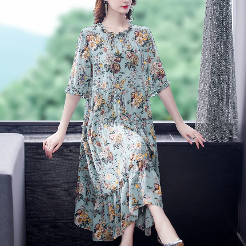 2022 Summer Print Natural Silk Beach Maxi Sundress Spring Loose Midi Dresses Women Elegant Bodycon Party Vestidos 
2022 Summer Print Natural Silk Beach Maxi Sundress Spring Loose Midi Dresses Women Elegant Bodycon Party Vestidos