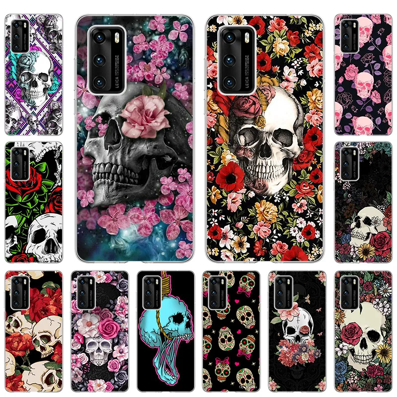 

Phone Case for Huawei P40 Lite P30 P20 Pro Y7A Y9A P-Smart 2021 Y6 Y7 Y5 2019 Retro Flower Skull Silicone TPU Soft Cases Cover