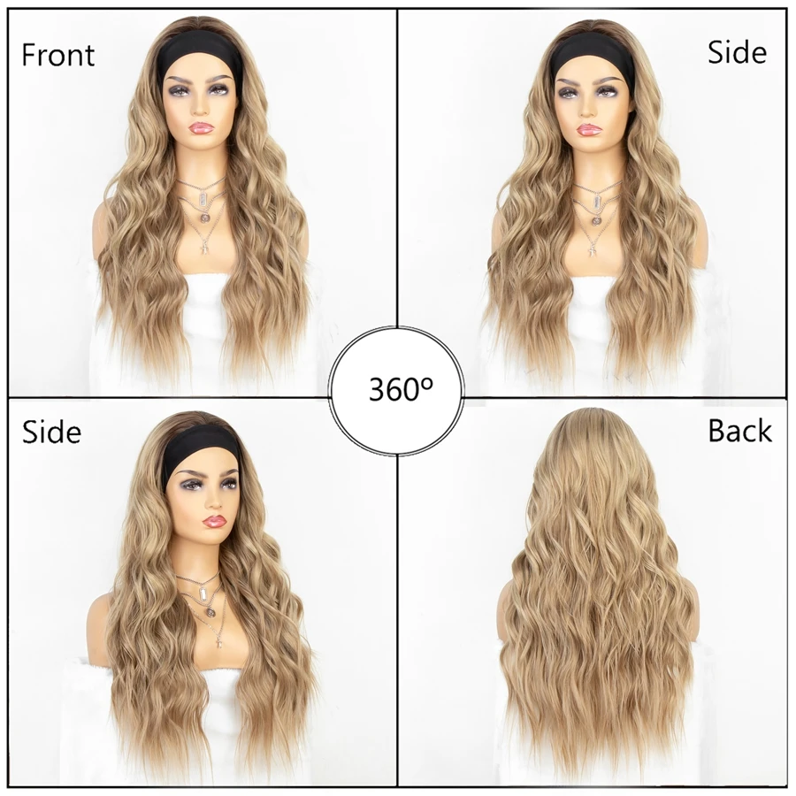 kryssma Long Wavy Hair Wig Natural Ash Blonde Headband Synthetic Wigs Ombre Body Wave For Women Heat Resistant | Шиньоны и парики