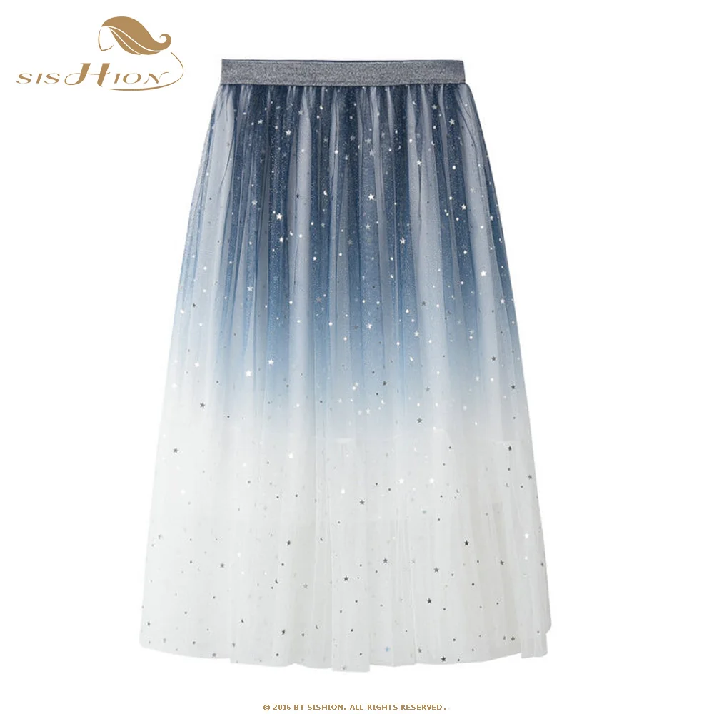 

SISHION Pretty Midi Skirt WF0051 Gradient Color Female Long Tulle Skirt Sparkling Starry Stars Tutu Skirt