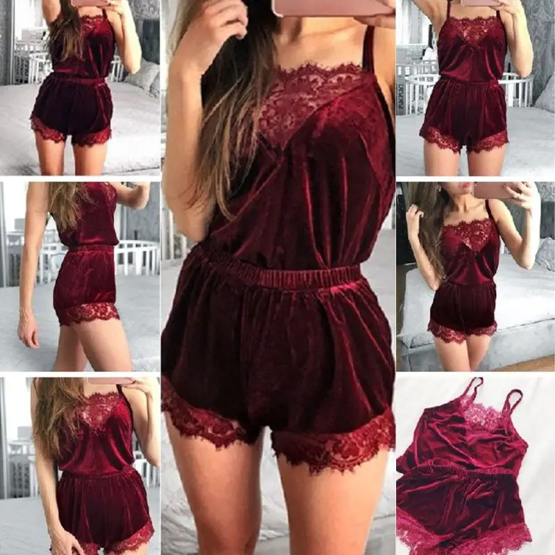 Women Sexy Velvet Lingerie Sleepwear Spaghetti Strap Cami Top Wide Leg Shorts Eyelash Floral Lace Splice Solid Color Pajamas Set
Women Sexy Velvet Lingerie Sleepwear Spaghetti Strap Cami Top Wide Leg Shorts Eyelash Floral Lace Splice Solid Color Pajamas Set