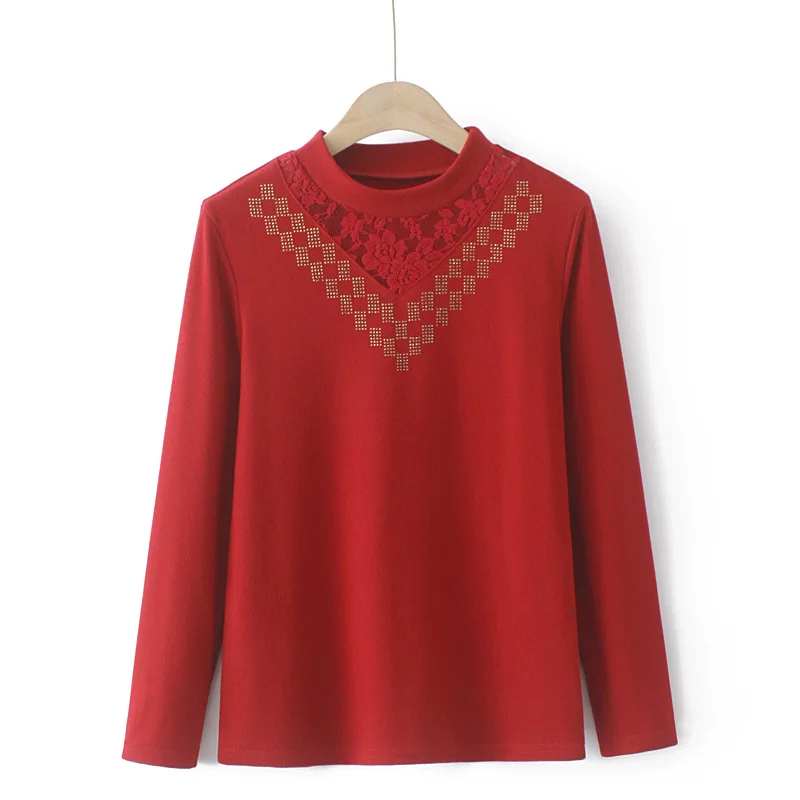 Women Clothing T-Shirt Plus Size Autumn Winter 2021 Middle Aged Lace Mock Neck Long Sleeve V pattern Hot Drilling Keep Warm Tops
Women Clothing T-Shirt Plus Size Autumn Winter 2021 Middle Aged Lace Mock Neck Long Sleeve V pattern Hot Drilling Keep Warm Tops