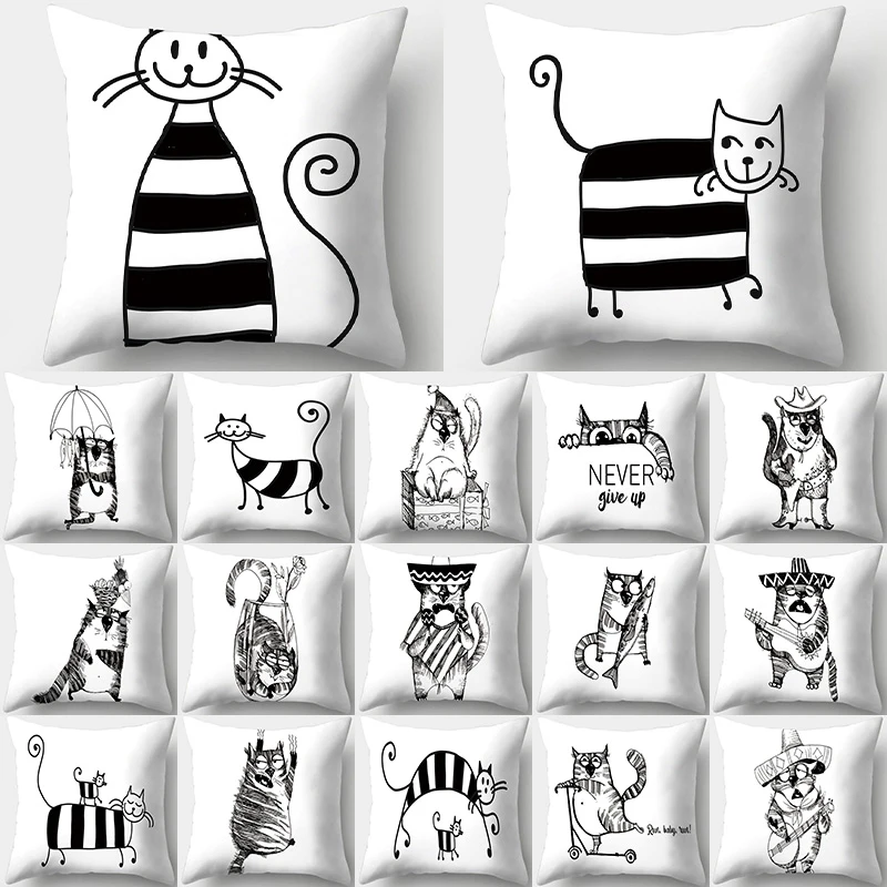 

Черно-белый декоративный чехол для диванной подушки с рисунком кошки, 45x45 см