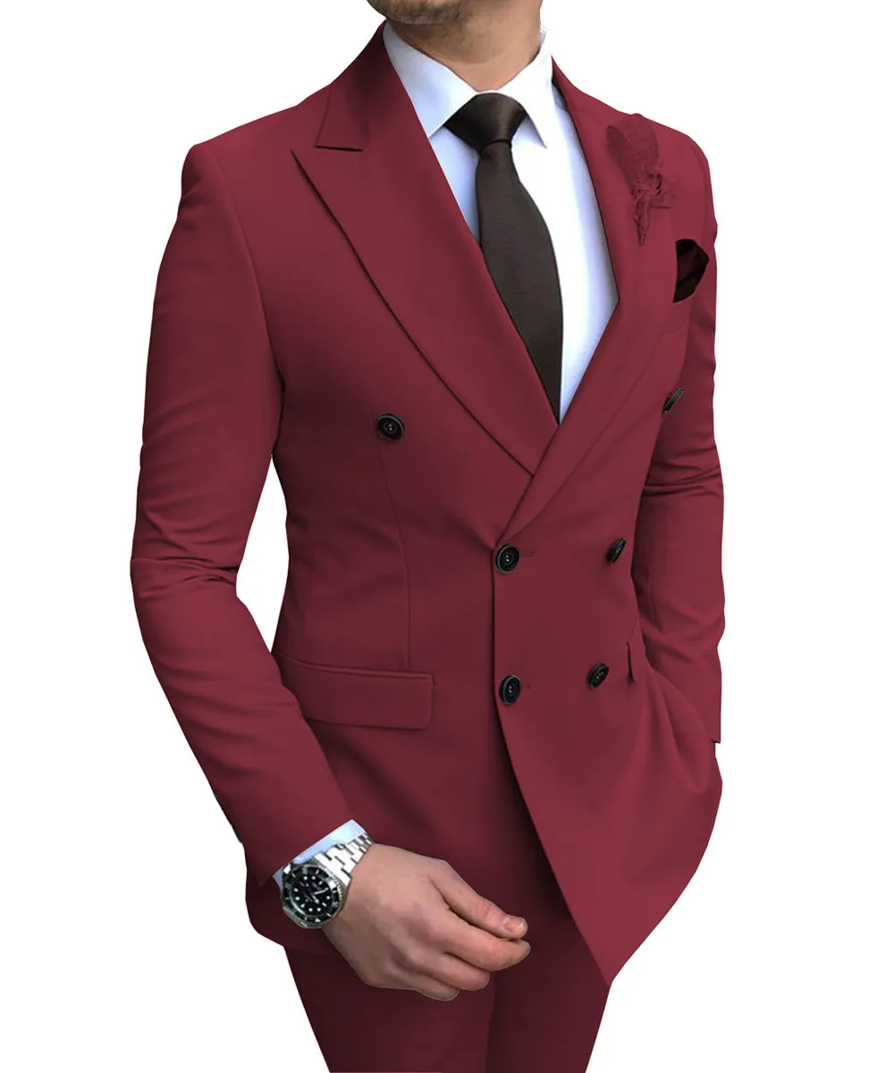 

New Burgundy Men's Suit 2 Pieces Double-breasted Notch Lapel Flat Slim Fit Casual Tuxedos For Wedding(Blazer+Pants)