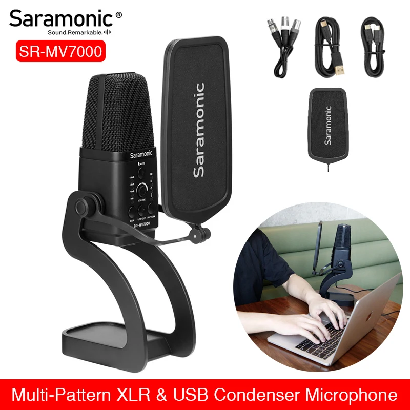 

Конденсаторный микрофон Saramonic SR-MV7000, разъем XLR и USB, для записи компьютера, USB-C устройств, предусилителей XLR и аудиомикшеров