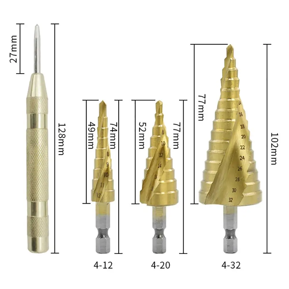 12/20/32mm3Step Cone Drill Bit Hole Cutter Dint Tool Hex Shank Step Drills Kit Shank Coated Metal Drill Bit Set with Storage Bag
12/20/32mm3Step Cone Drill Bit Hole Cutter Dint Tool Hex Shank Step Drills Kit Shank Coated Metal Drill Bit Set with Storage Bag