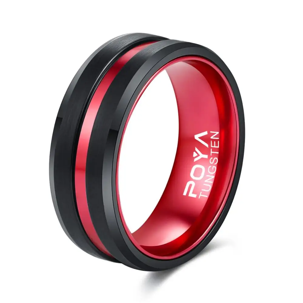 

Вольфрамовое кольцо POYA для мужчин и женщин, обручальное кольцо с черным покрытием 8 мм, Удобная подкладка из красного алюминия