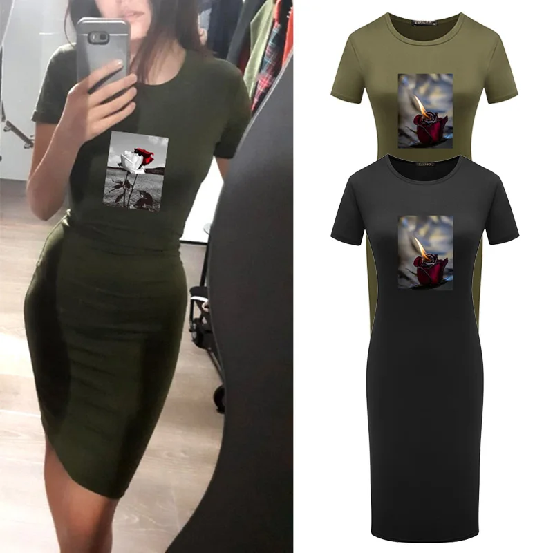 Rose Flame Print Dress Short Sleeve O-Neck Black Bodycon Dresses Summer Party Club Package Hip Women Midi Streetwear
Rose Flame Print Dress Short Sleeve O-Neck Black Bodycon Dresses Summer Party Club Package Hip Women Midi Streetwear