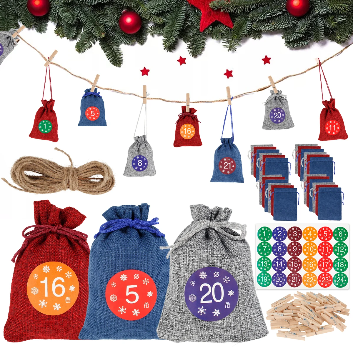 24Pcs Advent Calendar Bags Xmas Countdown Calendar Fabric Bag with Drawstring DIY 24Pcs Wooden Clips 1Pc Yellow Rope 1Pc Sticker
24Pcs Advent Calendar Bags Xmas Countdown Calendar Fabric Bag with Drawstring DIY 24Pcs Wooden Clips 1Pc Yellow Rope 1Pc Sticker
