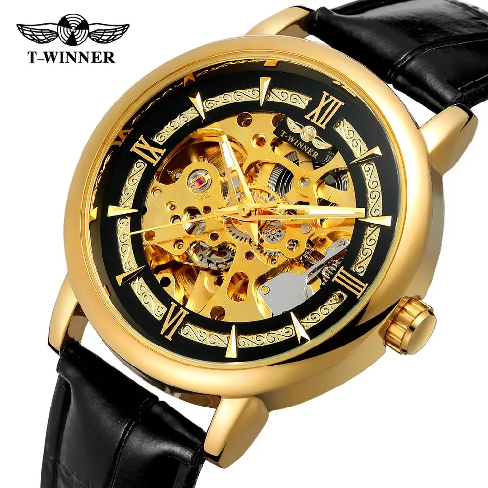 Мужские часы автоматические механические наручные T-winner брендовые кожаные