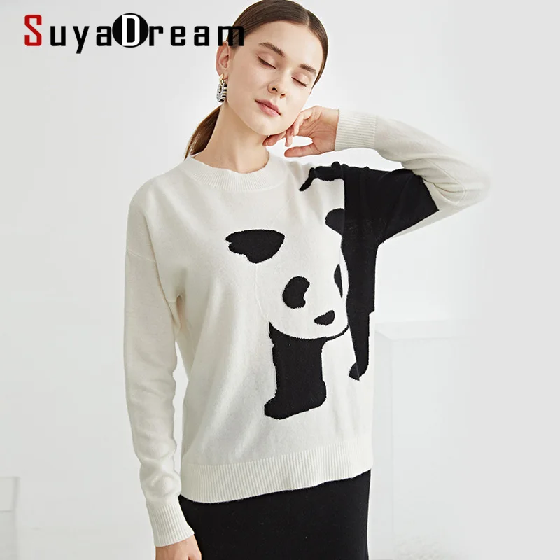 SuyaDream 100%Wool Pullovers White Panda Pattern Jacquard Sweaters for Woman Crew Neck 2021 Autumn Winter Chic Top
SuyaDream 100%Wool Pullovers White Panda Pattern Jacquard Sweaters for Woman Crew Neck 2021 Autumn Winter Chic Top