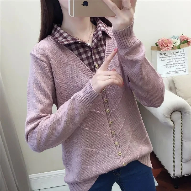 Plaid Shirt Collar Fake Two Pieces Knitted Sweater And Pullovers For Women Patchwork Knitwear Tops Casual Loose Jumper Full Y778
Plaid Shirt Collar Fake Two Pieces Knitted Sweater And Pullovers For Women Patchwork Knitwear Tops Casual Loose Jumper Full Y778