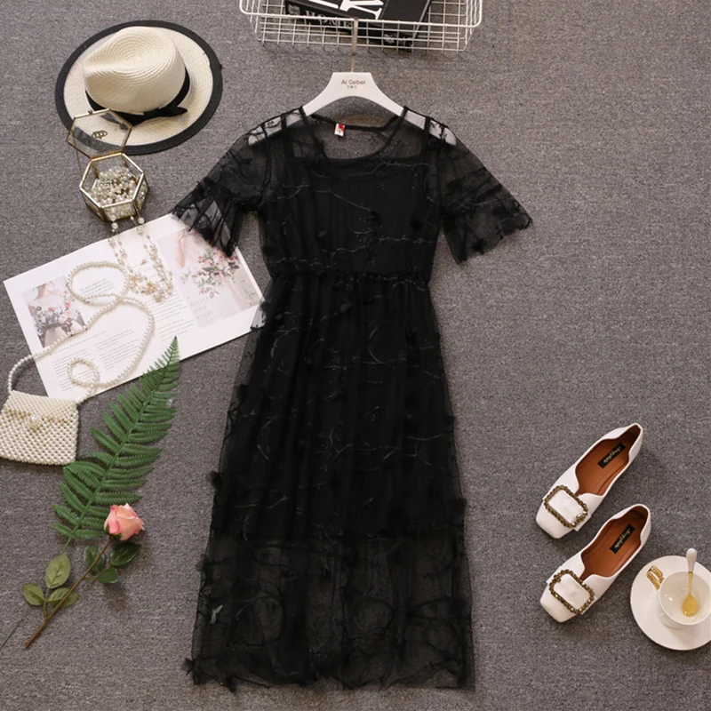 Women Floral Embroidery Sweet Mesh Dress 2020 New Summer Ladys O Neck Short Sleeve Vintage 2 Piece Set Dresses
Women Floral Embroidery Sweet Mesh Dress 2020 New Summer Ladys O Neck Short Sleeve Vintage 2 Piece Set Dresses