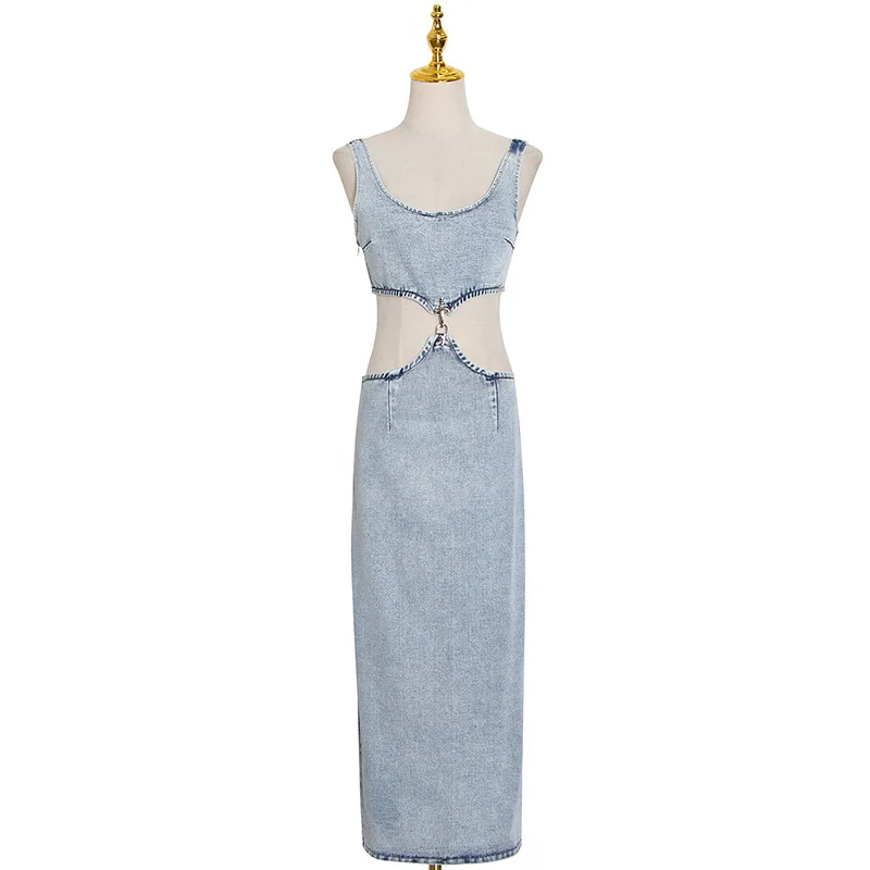 European tide brand summer fashion casual round neck sleeveless sexy waist hip long denim dress
European tide brand summer fashion casual round neck sleeveless sexy waist hip long denim dress
