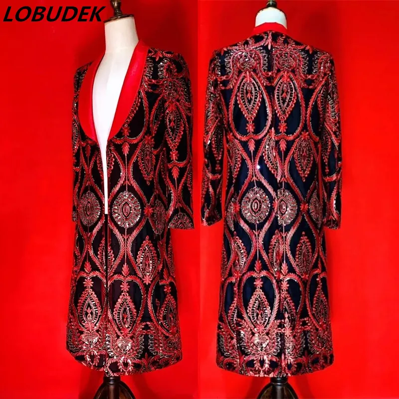 Stage Sequins Trench Coat Bar Nightclub Punk Hip Hop Male Singer Costume Red Embroidery Long Coat Overcoat Performance Clothes
Stage Sequins Trench Coat Bar Nightclub Punk Hip Hop Male Singer Costume Red Embroidery Long Coat Overcoat Performance Clothes