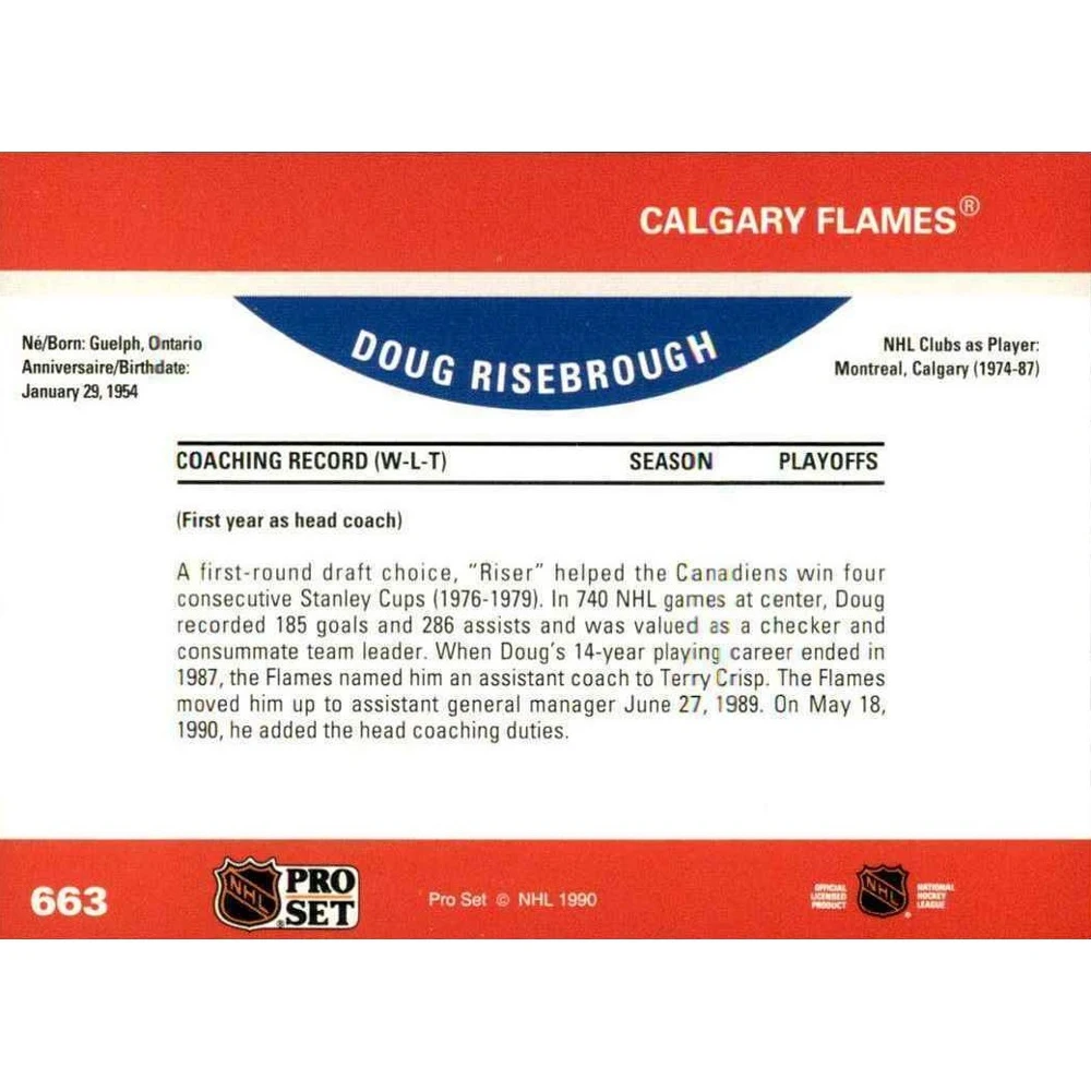 Pro Set 1990 Коллекционная хоккейная карточка №663 Doug Risebrough | Игрушки и хобби