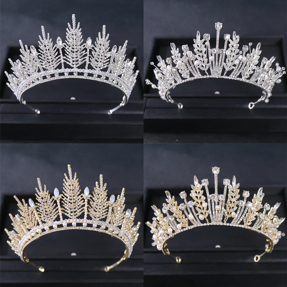 

Baroque Vintage Leaf Crystal Tiaras And Crowns Women Rhinestone Prom Diadem Wedding Bride Hair Accessories Jewelry Headdress