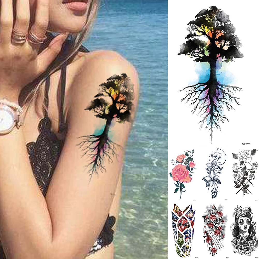 Временная тату-наклейка Дерево жизни водостойкая Цветочная искусственная