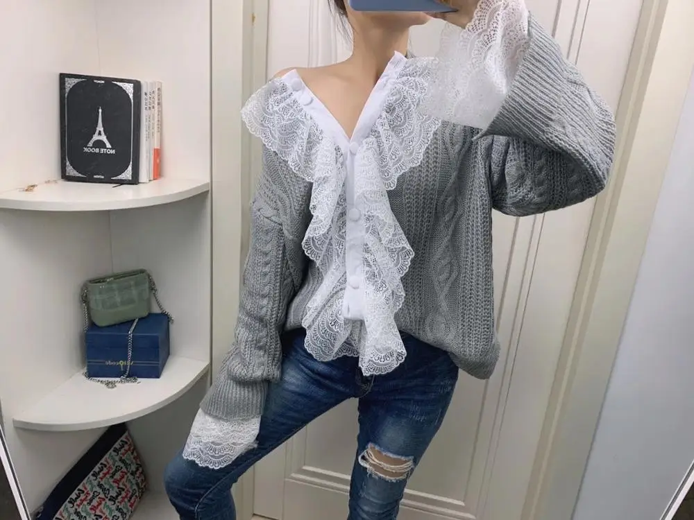 CHICLADY casual O-neck sweater women autumn winter daily gray patchwork mesh ruffles cardigan pull femme hiver
CHICLADY casual O-neck sweater women autumn winter daily gray patchwork mesh ruffles cardigan pull femme hiver