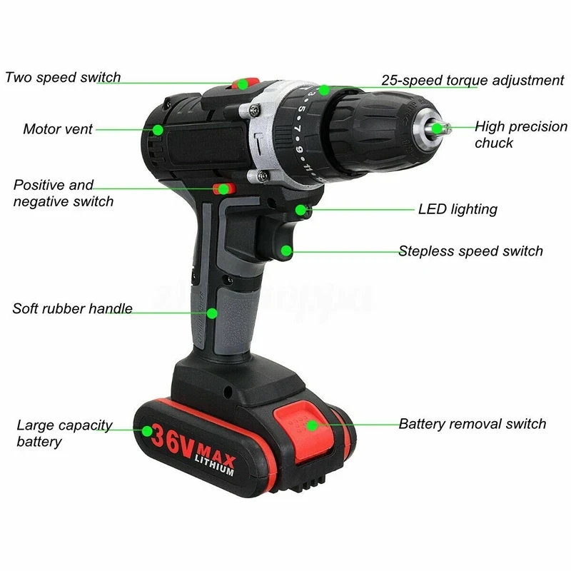 36V Cordless Drill Power Tools Driver Li-Ion Battery Electric Screwdriver LED Light 36V Multifunction High and Low speed Rotary
36V Cordless Drill Power Tools Driver Li-Ion Battery Electric Screwdriver LED Light 36V Multifunction High and Low speed Rotary