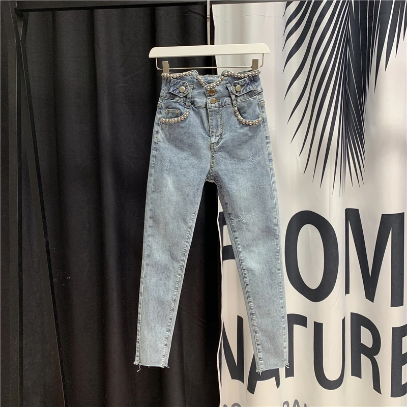 New Spring Summer Cropped High-waist Rivet Beaded Harem Jeans Women Light Blue Denim Trousers Slim Fit Stretch Pencil Pants
New Spring Summer Cropped High-waist Rivet Beaded Harem Jeans Women Light Blue Denim Trousers Slim Fit Stretch Pencil Pants