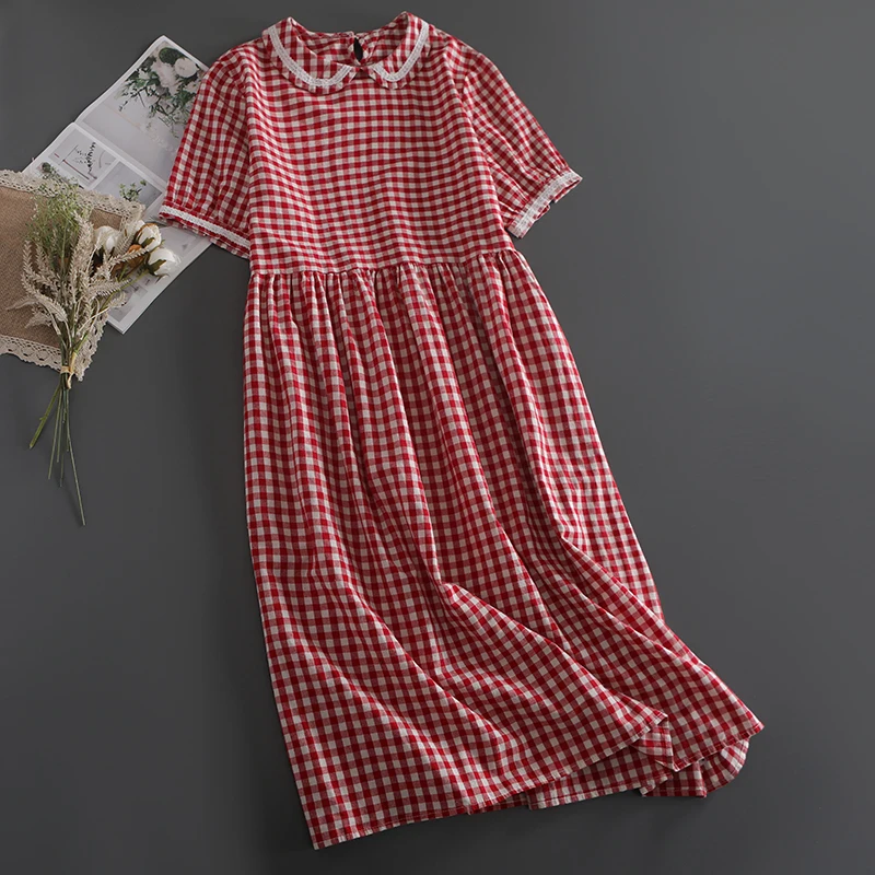 New Summer Women Cotton and linen Plaid Dress Japan Style Mori Girl Peter Pan Collar Loose Short Sleeve Dress 
New Summer Women Cotton and linen Plaid Dress Japan Style Mori Girl Peter Pan Collar Loose Short Sleeve Dress
