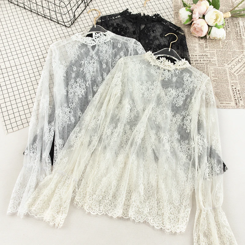 

Elegant Women Flare Sleeve Hollow Out Lace Flower Mesh Gauze Voile Basic Ruffles Shirt Vintage Elastic Slim Pullover Blouse Tops